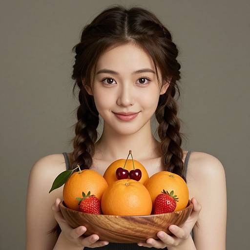 Photograph of a young Asian woman with braided brown hair, holding a wooden bowl of oranges, strawberries, and cherries against a gray background.