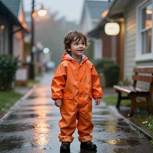 Curious Boy in Rainy Neighborhood