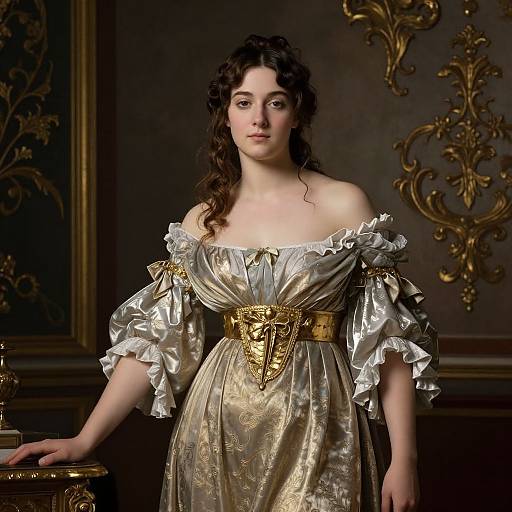 Photograph of a fair-skinned woman with curly brown hair, wearing an off-shoulder, silver and gold ornate dress with puffed sleeves