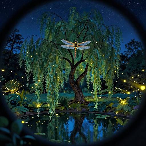 Digital painting of a luminous dragonfly perched on a weeping willow tree, surrounded by glowing fireflies, a reflective pond, and a