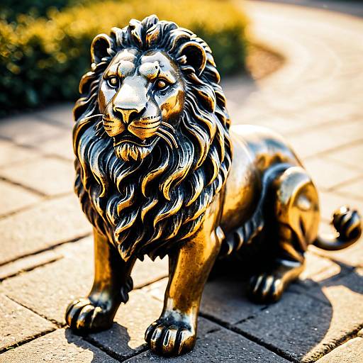 Bronze Lion Statue on Pavement