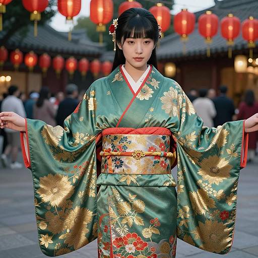 Asian Woman in Traditional Green Silk Kimono at Festival