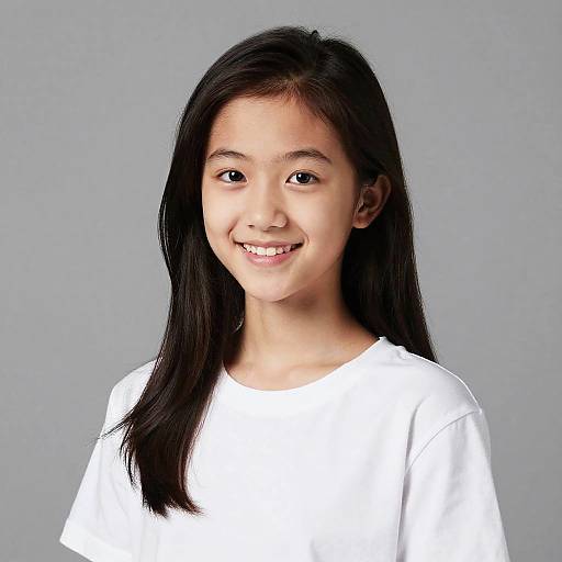Photograph of a smiling young Asian girl with long black hair, wearing a plain white shirt, against a plain gray background.