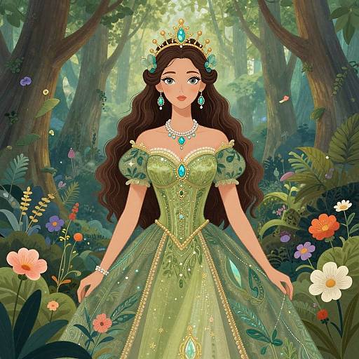 Digital art of a fair-skinned, green-eyed princess with long brown hair, wearing a green, jeweled off-shoulder gown, tiara