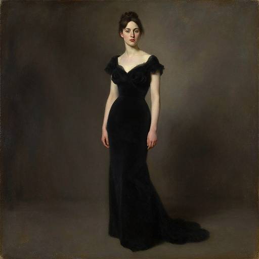 Painting of a pale-skinned woman with dark hair in an elegant, black, off-shoulder gown, standing against a dark, textured background