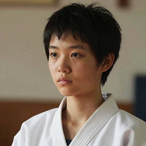 Photograph of a young Asian man with short black hair, wearing a white kimono, gazing thoughtfully, with a softly lit background.