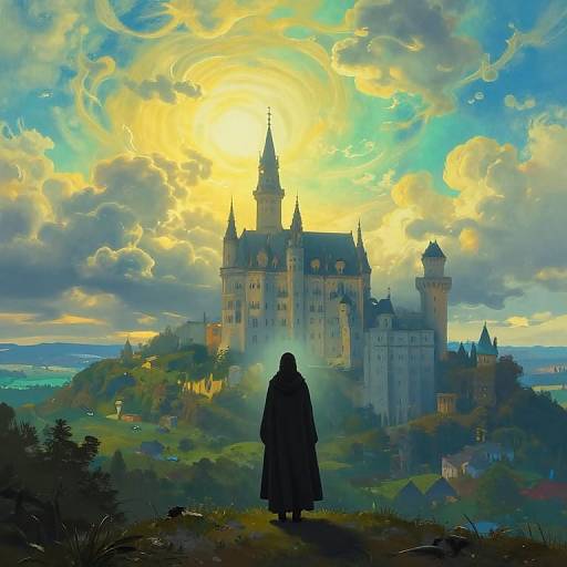 Digital painting of a silhouetted figure in a long cloak standing on a hill, gazing at a radiant, sunlit, fairy-tale