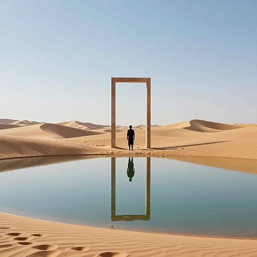 Silhouette of a person standing in front of a rectangular frame reflected in a still water pool, surrounded by golden sand dunes under a clear blue sky