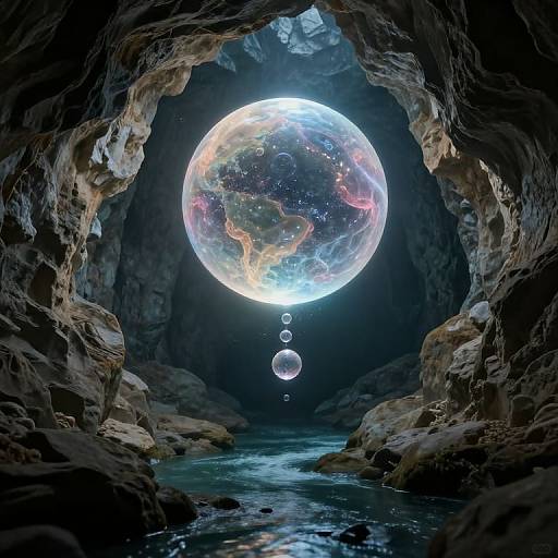 Digital artwork of a glowing, ethereal planet with colorful continents, hanging in a dark, rocky cave with a river below.