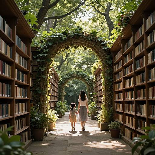 Photograph of a woman and child walking through a sunlit, archway-covered library aisle, surrounded by lush greenery and book-filled shelves.