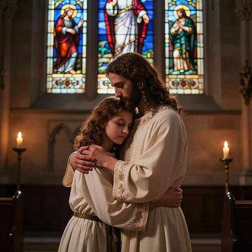 Girl Hugging Jesus in Church