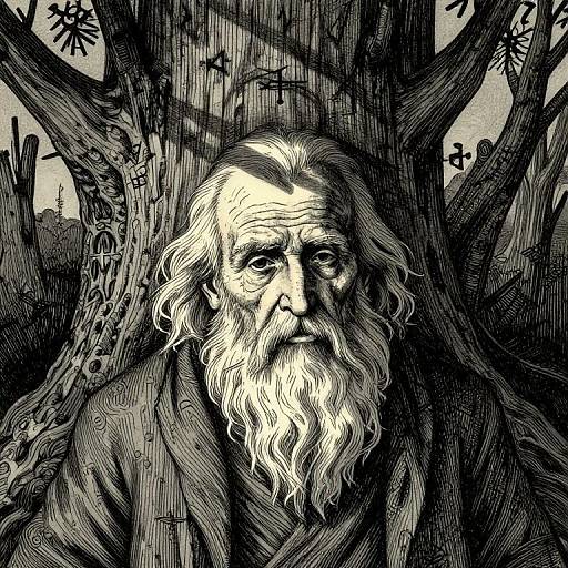 Ink drawing of an elderly, bearded man with a solemn expression, standing in front of a dark, detailed tree with crosses and symbols. Black