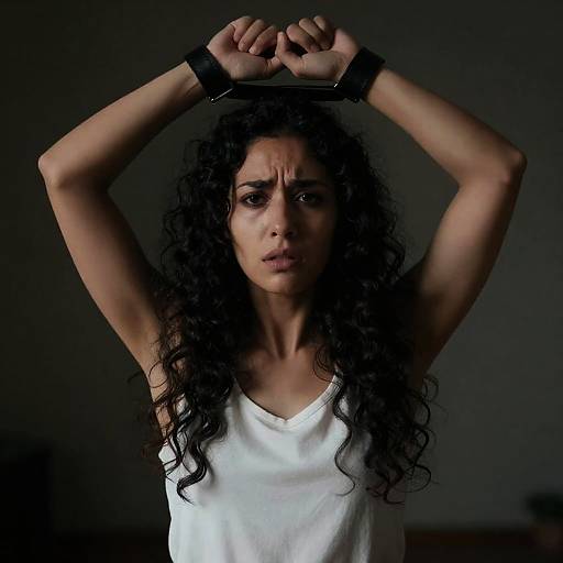 Tense Portrait of Bound Woman in Darkness