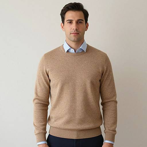 Man in Tan Sweater and Blue Shirt