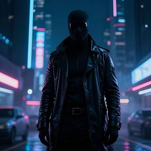 Mysterious figure in black leather jacket and mask, standing in neon-lit, foggy urban street at night, surrounded by glowing lights and blurred cars