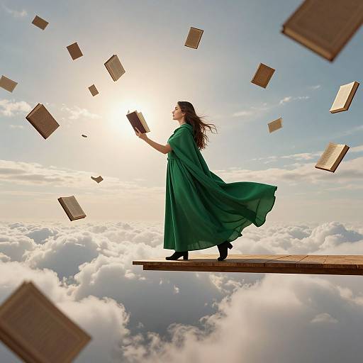 Photograph of a woman in a flowing green dress, standing on a cloud, releasing floating books into a bright, sunlit sky.