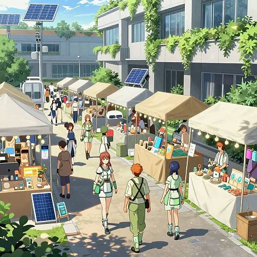 Digital anime-style illustration of a sunny outdoor market with solar panels, people in modern clothes, and vendors under beige umbrellas.