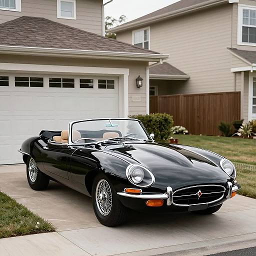 Photograph of a shiny black classic convertible car with white leather seats parked on a suburban driveway next to a beige house.