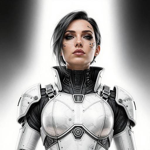 Digital artwork of a stern-faced woman with dark hair, wearing futuristic white armor with black accents, and facial markings, against a bright white background.