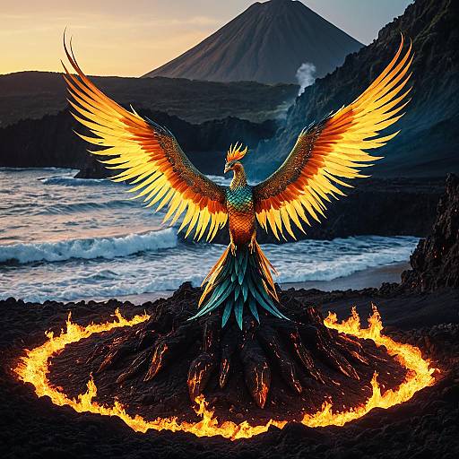 Noble Phoenix on Volcanic Crater at Dusk