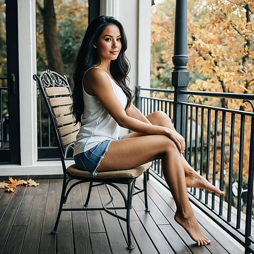 Woman Sitting on Balcony Chair in Autumn