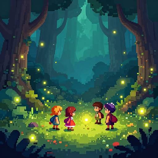 Pixel art of four children with colorful hair standing in a glowing, enchanted forest, surrounded by twinkling fireflies and large trees.