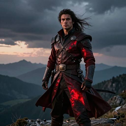 Photograph of a muscular, dark-haired man in a red, reflective, black armored coat, standing on a rocky mountain peak, with stormy skies