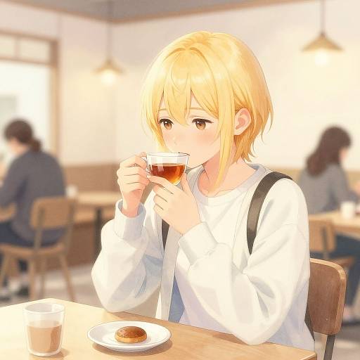 Anime-style digital drawing of a blonde girl with short hair, wearing a white shirt, sipping tea in a bright café, with a small dessert plate