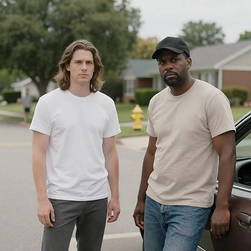 Two men standing on suburban street