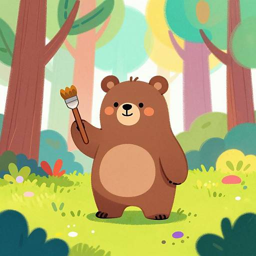 Cartoon brown bear with a tan belly, holding a stick with marshmallows, stands in a colorful, sunny forest. Digital illustration.