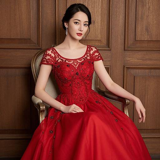 Photograph of an elegant Asian woman with fair skin, black hair in an updo, wearing a red lace and bead-embellished ball gown