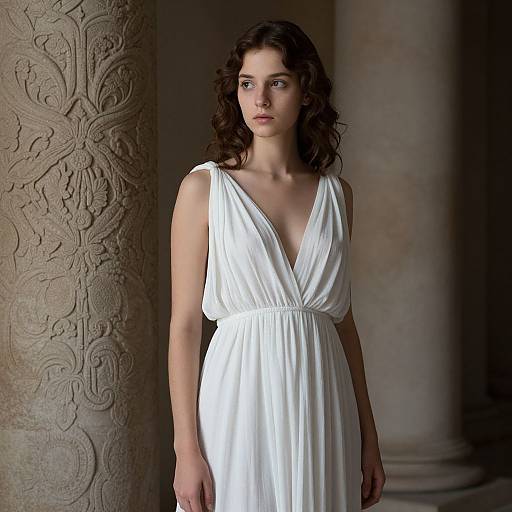 Photograph of a young woman with curly brown hair, wearing a white, deep V-neck, sleeveless dress, standing against an ornate, textured
