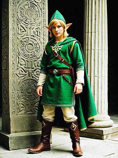 Man in Zelda Costume Standing by Pillar