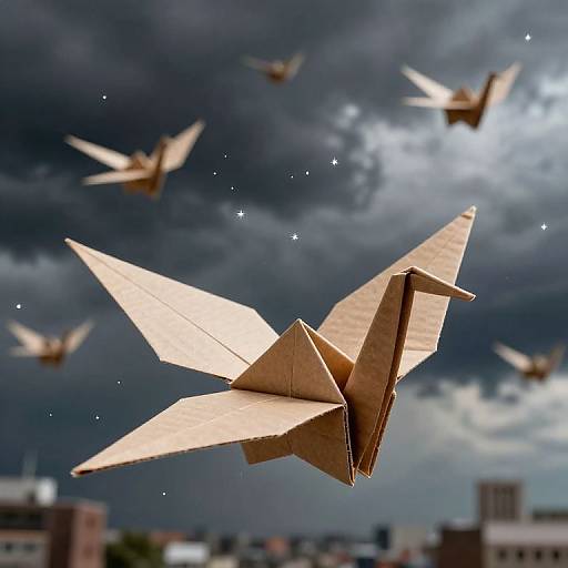 Photograph of paper airplanes flying against a dramatic, cloudy sky with twinkling stars, set over a blurred cityscape below.