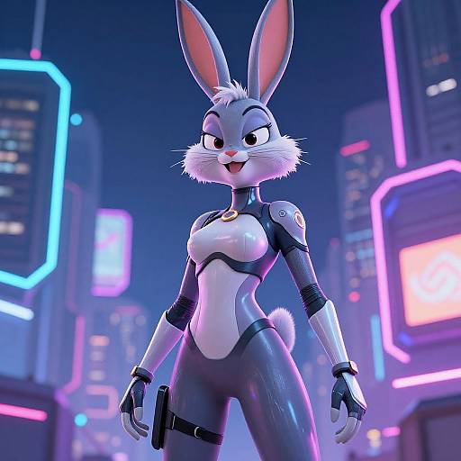 Digital CGI of a confident, anthropomorphic, grey-furred bunny in a form-fitting, futuristic black and white bodysuit, standing in a