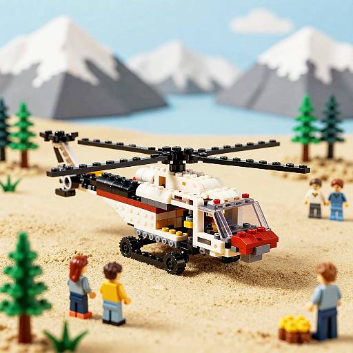 Photograph-style LEGO diorama of a white and red helicopter with black rotor blades, in a sandy desert with mountains, trees, and four LEGO figures