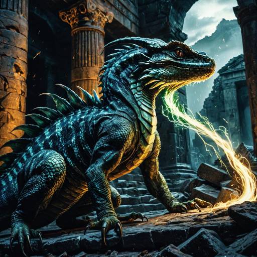 Fantasy Basilisk Emitting Venomous Light in Ancient Ruins