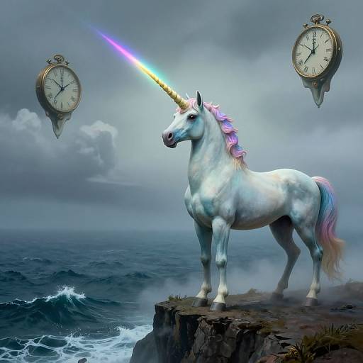 Digital painting of a white unicorn with a glowing blue horn, standing on a rocky cliff by the ocean, with two floating antique clocks in a cloudy sky