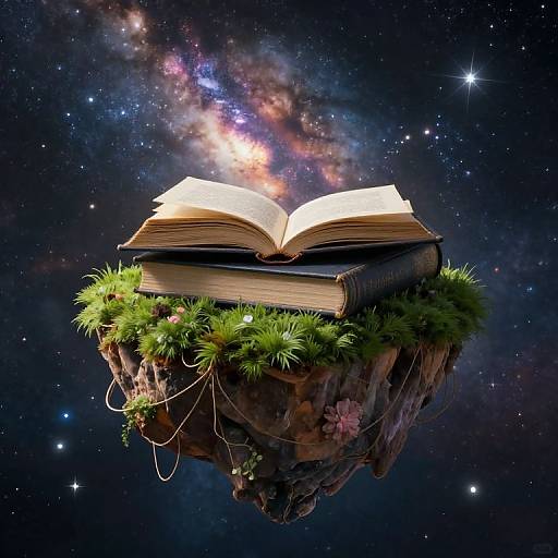 Magical floating rock with open book, surrounded by green moss and vines, against a starry, colorful galaxy background. Digital artwork.