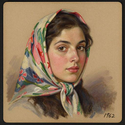 Oil painting of a young woman with olive skin, dark brown eyes, and brown hair, wearing a colorful floral headscarf, signed 