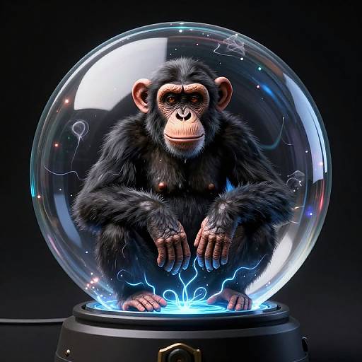 Digital artwork of a realistic, black-furred chimpanzee with orange face inside a glowing, clear snow globe with electric sparks. Dark background.