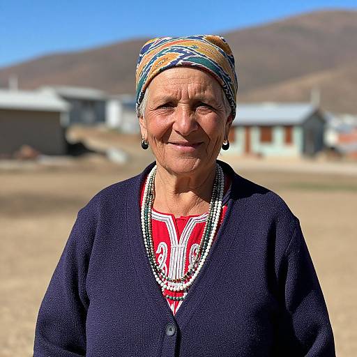 Photograph of an elderly woman with a patterned headscarf, dark cardigan, and intricate red blouse, standing in a sunlit, rural