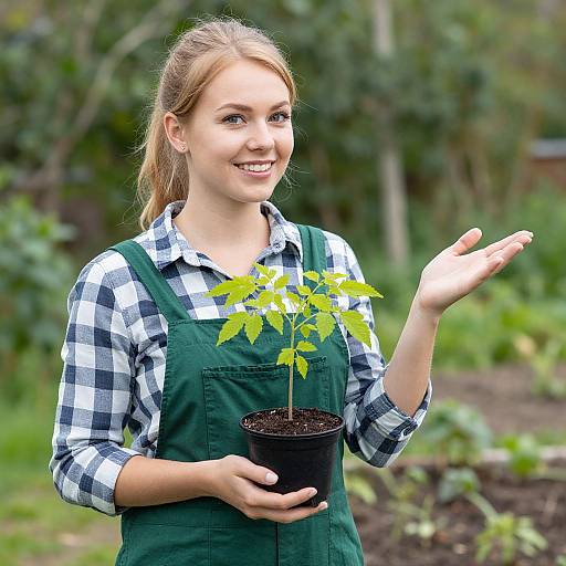 Young woman with blonde hair, wearing green apron and checkered shirt, smiling, holding small plant in black pot, gesturing with right hand,