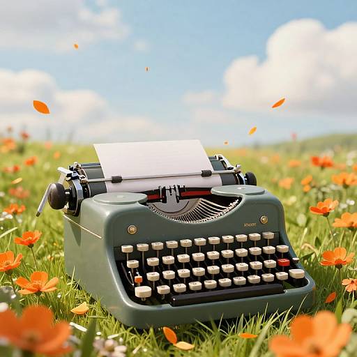 Photograph of a vintage green typewriter with white and black keys, typing on a white paper, set in a sunny meadow with orange poppies