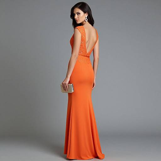 Photograph of a slender woman with long black hair wearing an orange, backless, lace-embellished evening gown, holding a silver clutch,