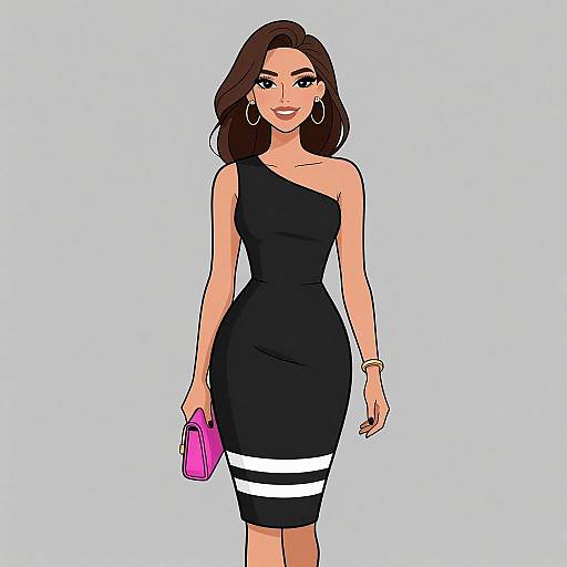 Digital illustration of a confident woman with medium brown hair, wearing a black one-shoulder dress, white stripe accents, pink purse, gold hoop earrings