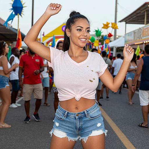 Photograph of a smiling, tan-skinned woman with black hair in a ponytail, wearing a tied white crop top and frayed denim shorts,