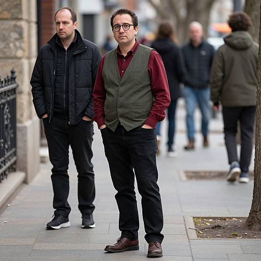 Man in Red Shirt on Sidewalk