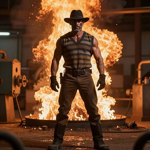 Muscular Man in Fiery Industrial Setting
