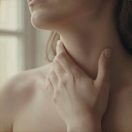 Close-up photograph of a fair-skinned woman's neck and hand gently grasping her throat, soft natural light from window.